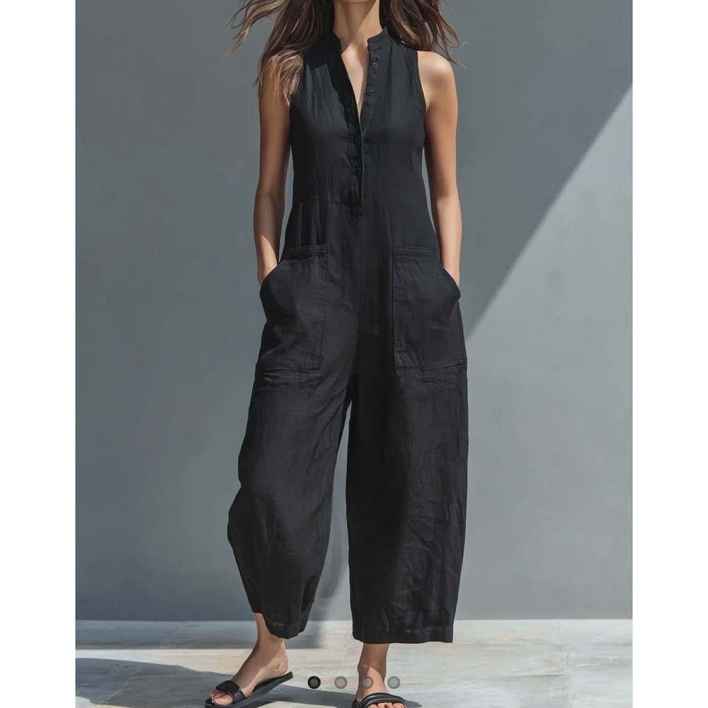 Modesees Minimalist Linen Blend Button-up Stand-collar Sleeveless Loose Jumpsuit